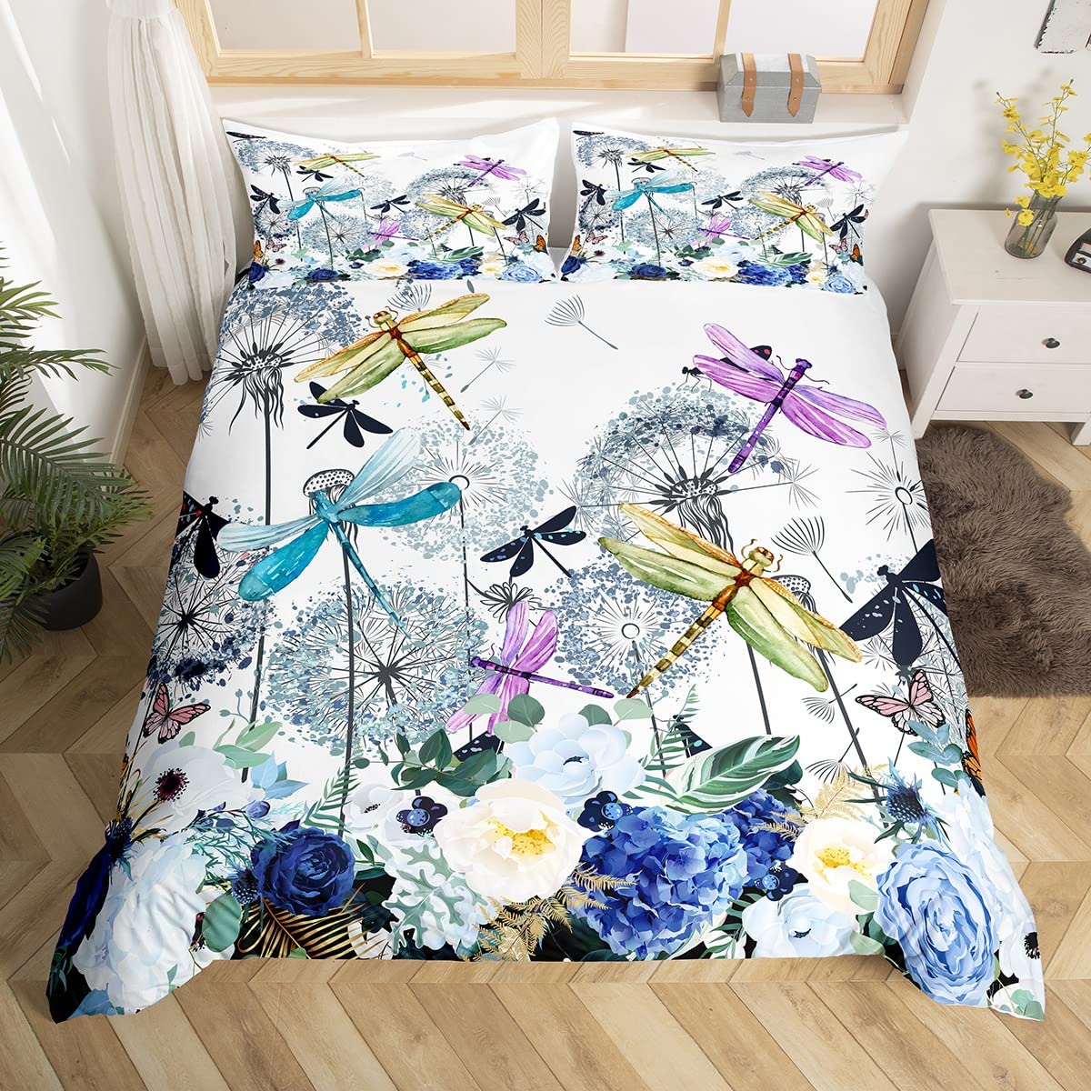 

Dragonfly Duvet Cover Queen Botanical Floral Comforter Cover Vintage Style Sunflower Bedding Set Natural Pastoral Spring Decor EU Single(135x200cm)