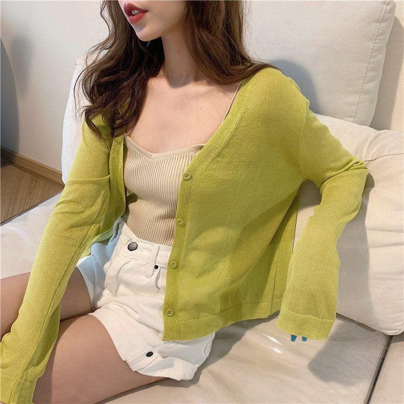 Módní letní pletené sluneční tričko Nové dámské ležérní kardigany s dlouhým rukávem V výstřih Tenký top Jednobarevné Jednoduché Elegantní halenky 3668