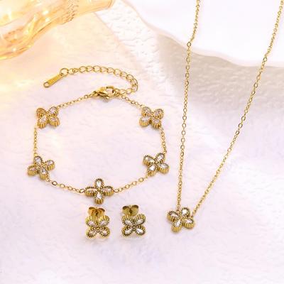 Trendy High-End Zircon Titanium Four-Leaf Clover Jewelry Set: Necklace, Bracelet, Earrings for Women