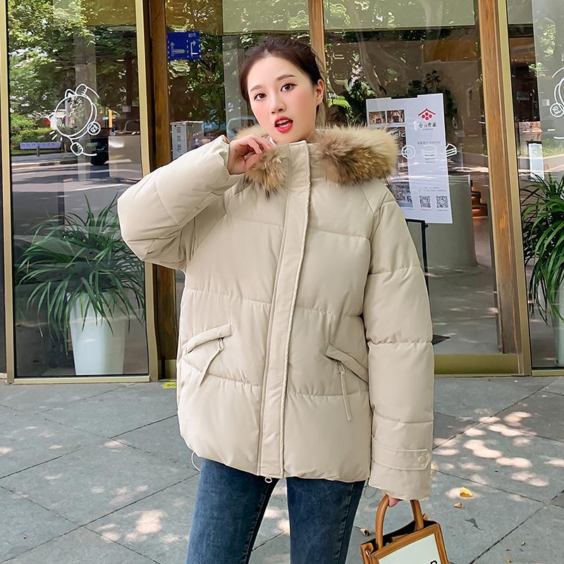 Women's Autumn Winter Hooded Solid Color Fur Collar Pocket Parka Zipper Loose Short Cotton Coat