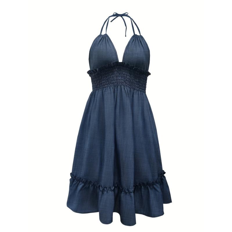 Vestido frente única com decote halter e costas nuas, vestido de festa com babados na cintura, roupas femininas