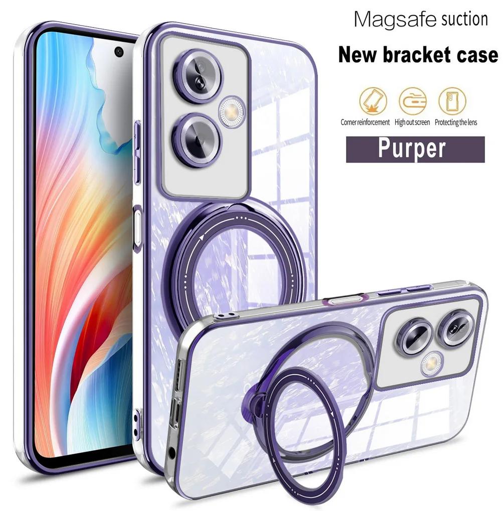 Plating Ring Magnetic Support Transparent Magsafe Phone Case For OPPO A79 A57 A77 A77S A17 A17K A53 A53S 4G 5G Seismic Case