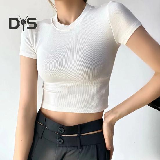 Women Summer Crop Top O Neck Short Sleeve Slim Fit Stretchy Solid Color Waist Exposed Casual Soft Breathable Lady T Shirt