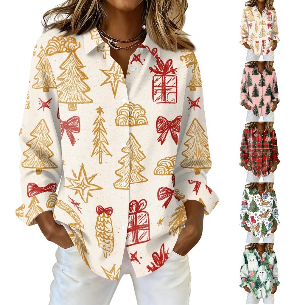 Women's Casual Christmas Print Long Sleeve Cardigan Top for Holiday Festive Wear