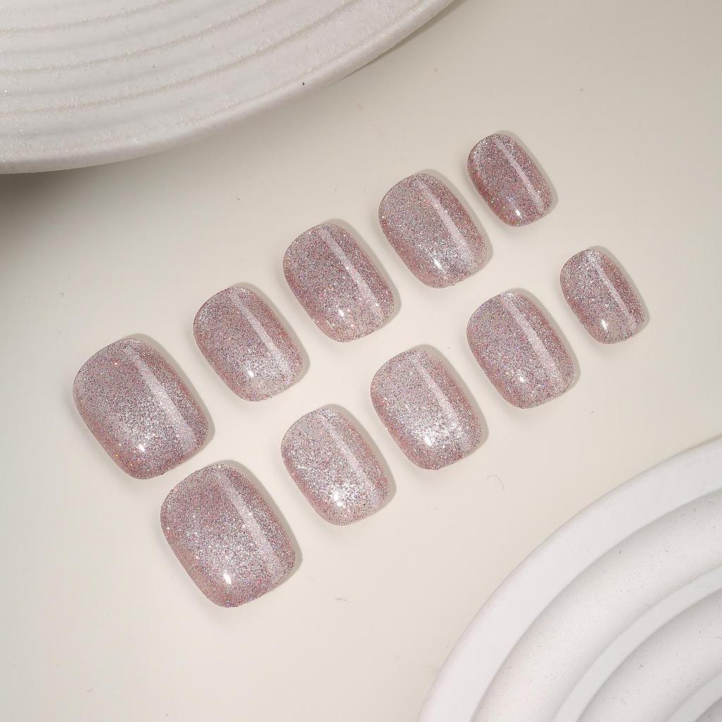 Zhuo Shi Mei Pink Sparkle Handmade Wearable Nails - Luxurious Removable Whitening Nail Stickers for Elegant Nail Art