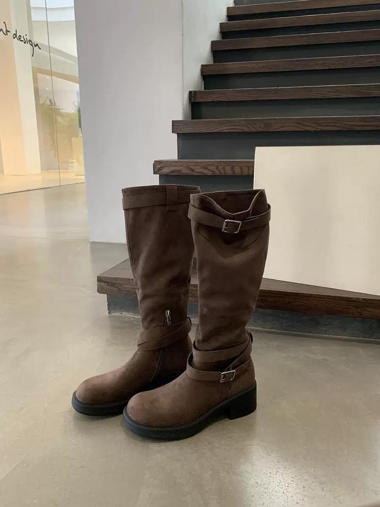 Cowhide version~ Belt buckle slim two wear tall boots knight boots women's retro thick heel boots niche western boots