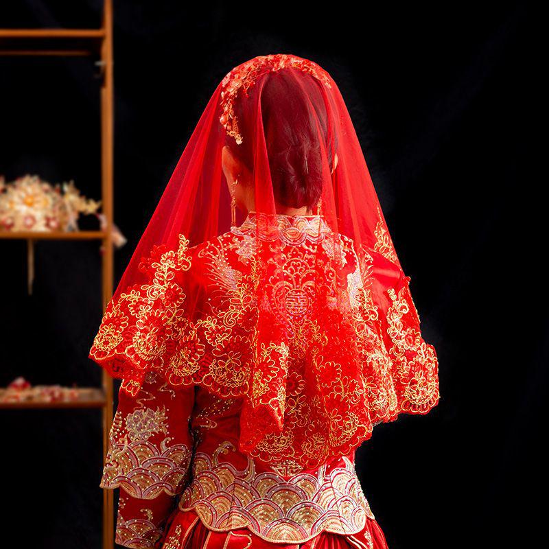 Red Translucent Bridal Veil for Chinese Wedding Xiuhe Dress