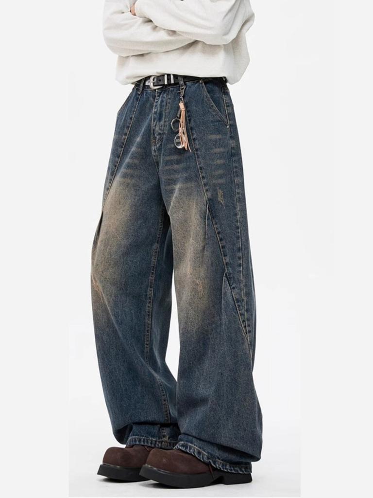 JYL Men's Wide-Leg Jeans American Vintage Washed Blue High-Street Loose Straight Denim