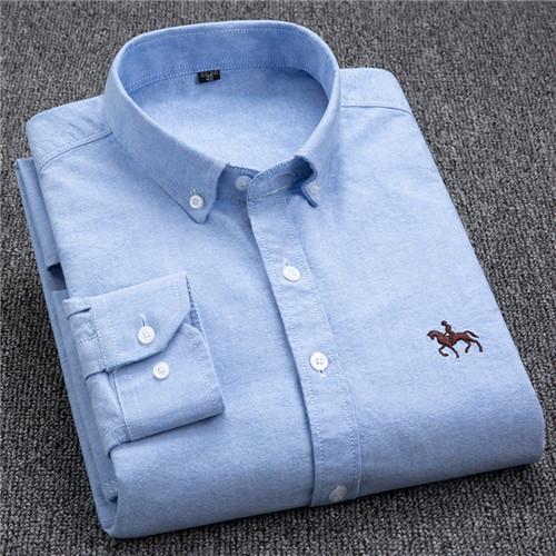 S-6XL Oxford Shirts for Men Long Sleeve Pure Cotton Solid Stripe Leisure Embroidered Horse Streetwear Business Plain Office 6XL