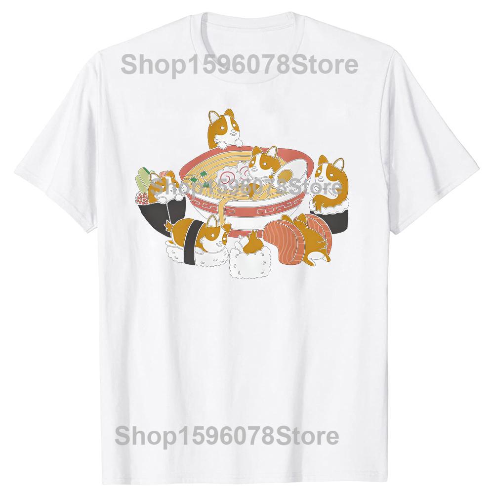 Ramen Sushi Corgi Dog Customized Camisa Top TShirts Tees Coupons Pure Cotton Casual Tshirts Printing Boy