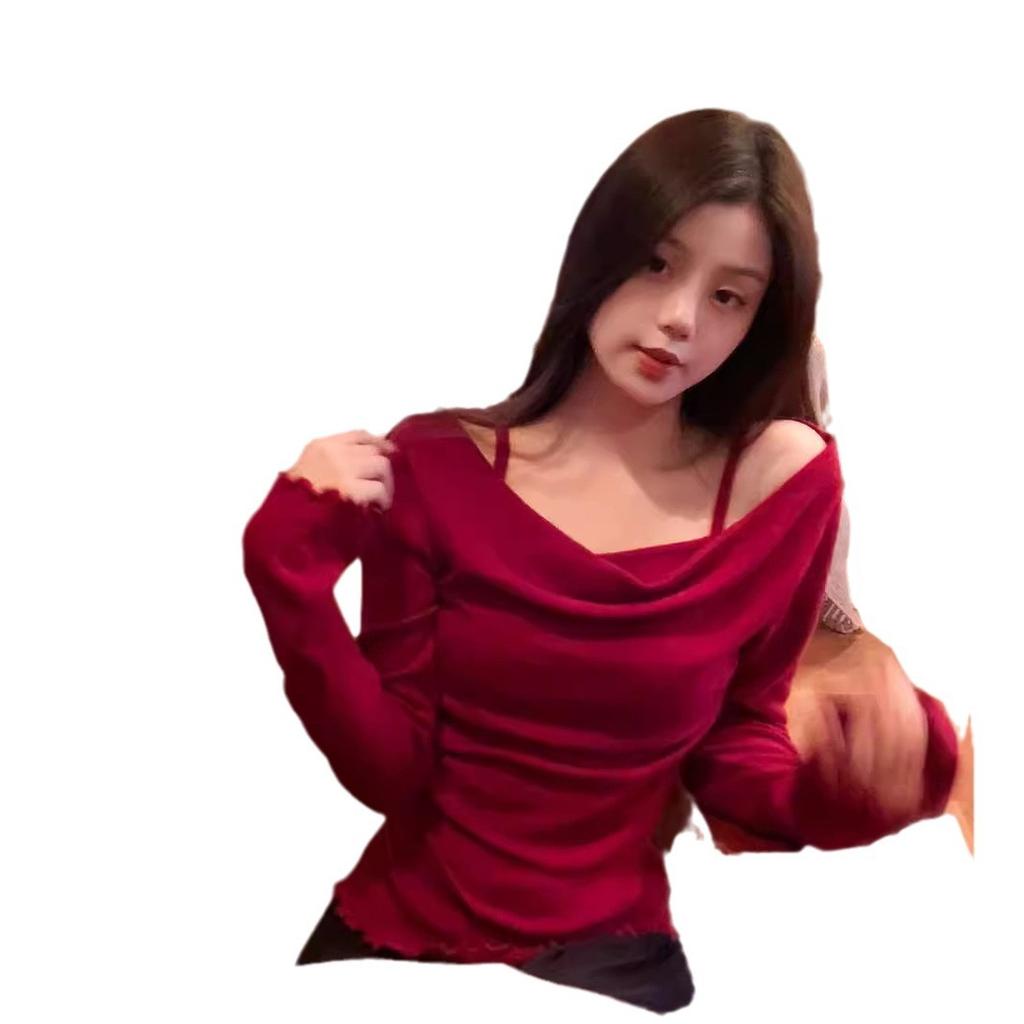 Temperament Swinging Collar Fungus Edge Long-sleeved T-shirt Women's Autumn Niche Slim and Thin Fake Two One-word Shoulder Red Top