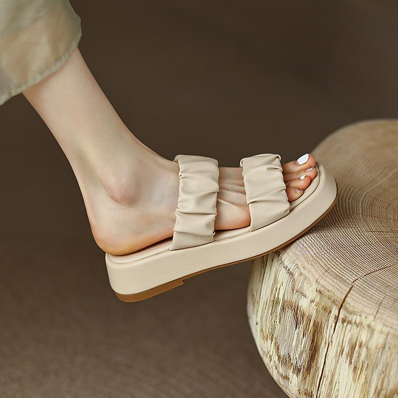 Genuine Leather Open Toe Outside Slides Women Sandals Flats Square Heel Concise Women Shoes Fashion Women Platform Shoes