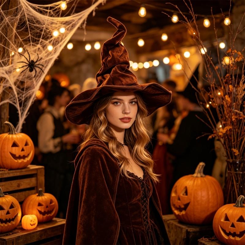 Costume Witch Hat for Halloween Event, Soft Fabric Wide Brims Dressing-Up Hat with Twist Crowns for Themed Performances