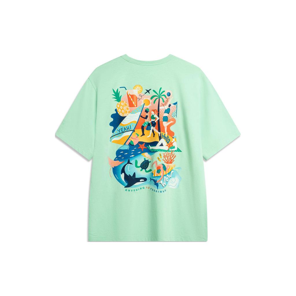 Li-Ning Comfortable Printed Round Neck Pullover Short Sleeve T-Shirt Men Tops Cool-Green AHSU307-1