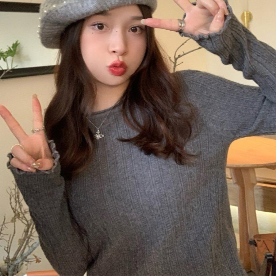 Underwear for Women Autumn White Fungus Edge Knit Sweater Basic Layer Pullover Long Sleeve Top Slim Fit Knitwear