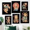 Japon Retro Tarzı Dövme Samuray Kedi Ramen Karikatür Posterleri Baskıları Tuval Boyama Duvar Sanatı Resim Oturma Odası Ev Dekorasyonu