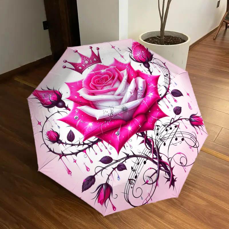 1pc Glamorous Pink Rose with Crown Umbrella with Plastic Handle,Suitable for All Seasons Home Travel Outdoor UmbrellaDD1493