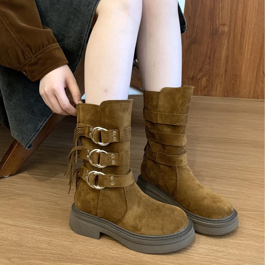 Thick-soled Medium Tube Martin Boots Women's Shoes 2025 New Black British Wind Locomotive Boots Short Boots Spring and Autumn Western Single Boots