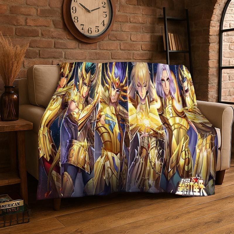 Retro Saint Seiya Anime Cartoon Flannel Blanket Soft Warm Throw Blanket for Bedroom Living Room Bed Travel Camping Picnic Gift