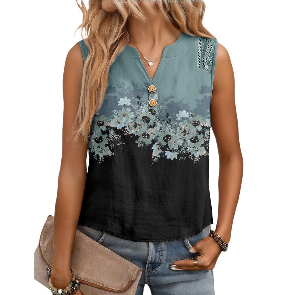 Women's Casual, Loose-Fitting, Printed, Sleeveless Linen Blouse