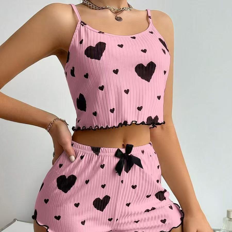 Pigiama a coste alla moda con stampa di ciglia a forma di cuore per donna