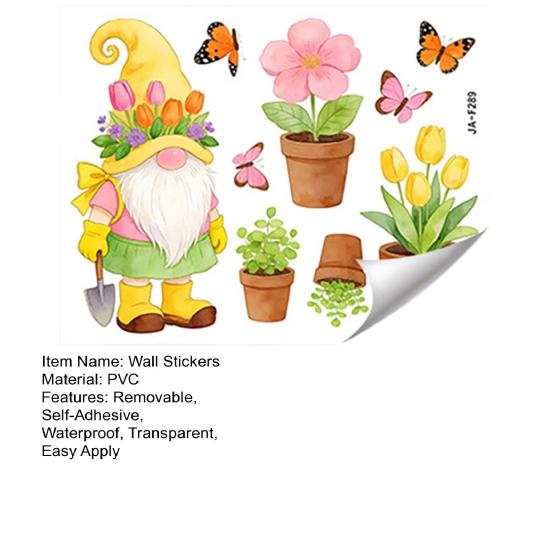 Garden Gnome Window Clings with Tulips and Butterflies, Watercolor Dwarf Glass Decals, Self-Adhesive Transparent Stickers for Balcony Patio Living