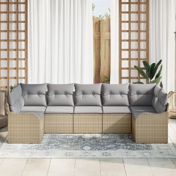 Ensemble de canapé de jardin 7 pièces avec coussins Beige Poly Rattan, Canapé de jardin 2 places avec coussins Beige Poly 3345850