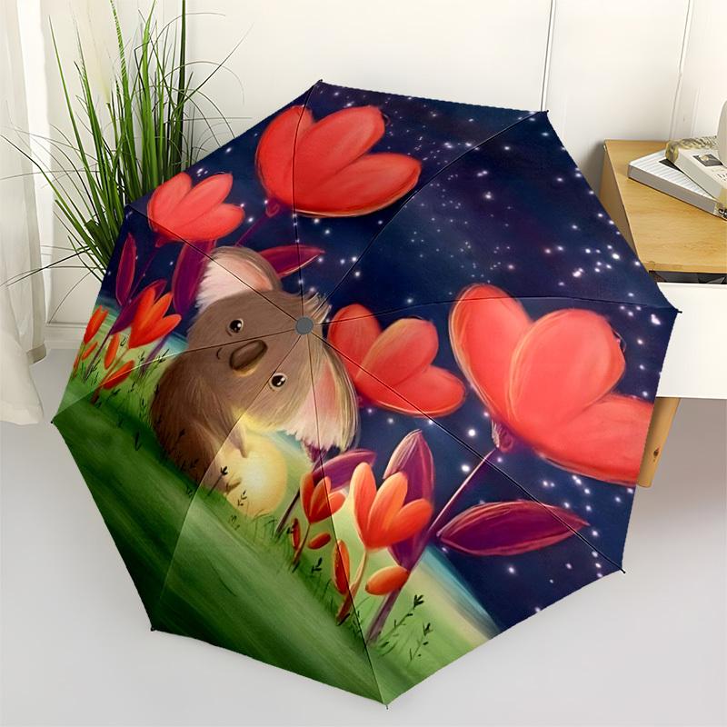 1pc Koala Flowers Night Automatic Folding Umbrella - Compact 8-Rib Design, Durable Plastic & Iron, Lightweight for Outdoor Daily Use078