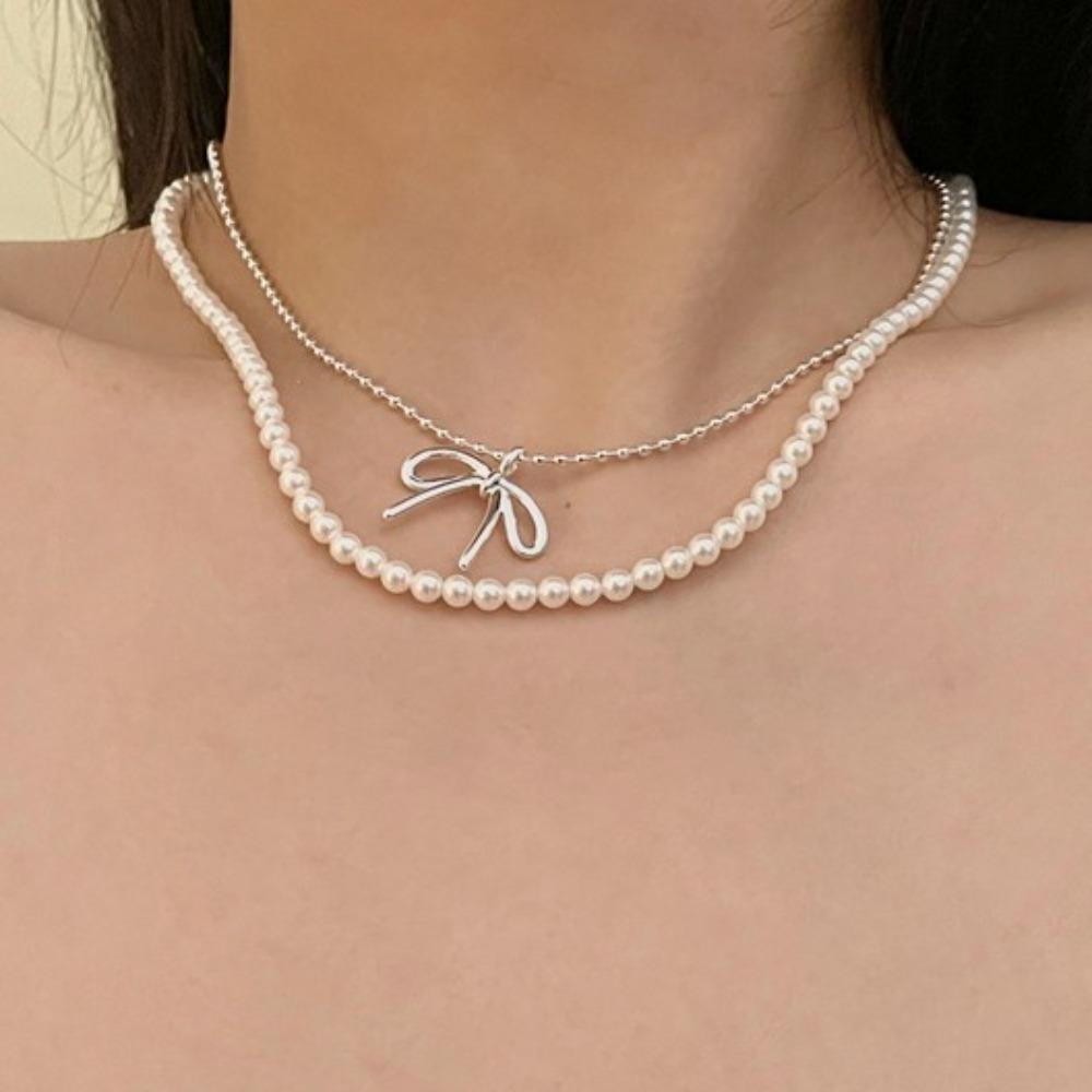 Bowknot Pearl Necklace Round Shape Collarbone Chain Simplicity Jewelry Accessories