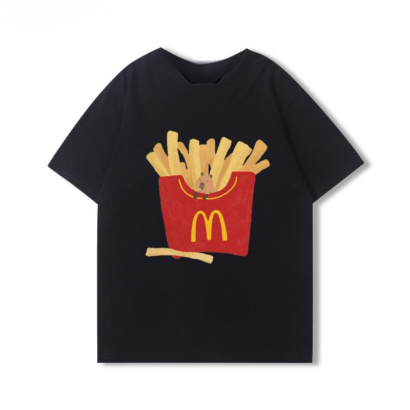 2025 Cute Capybara Capibara Coffee Chips Cartoon Peripheral Short Sleeve Men's and Women's Summer Cotton T-shirt Trend Tops Tee