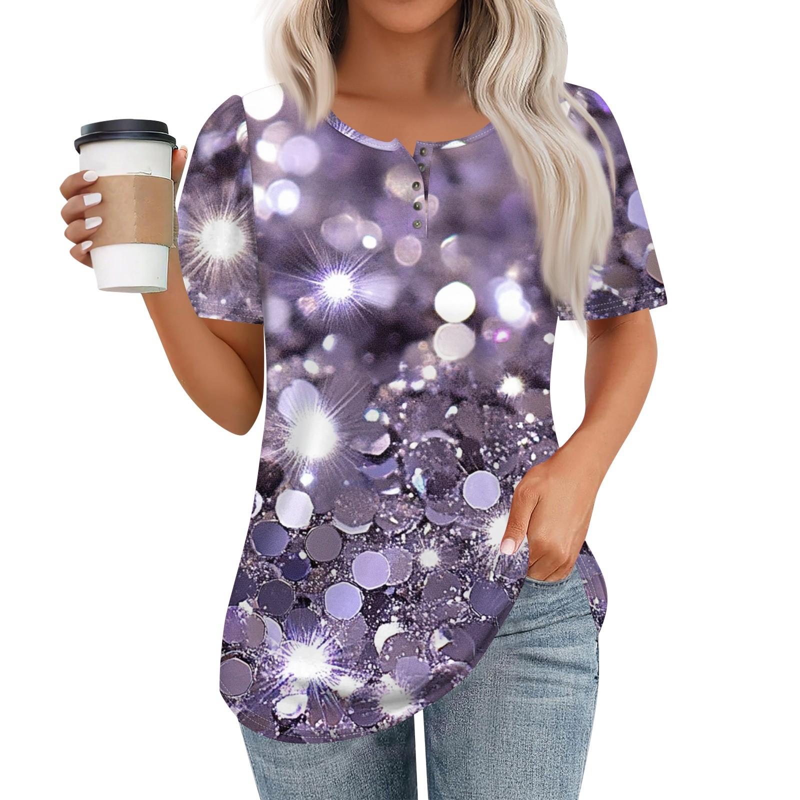 

Женский модный повседневный короткий рукав пуловер с принтом на пуговицах и круглым вырезом L фиолетовый