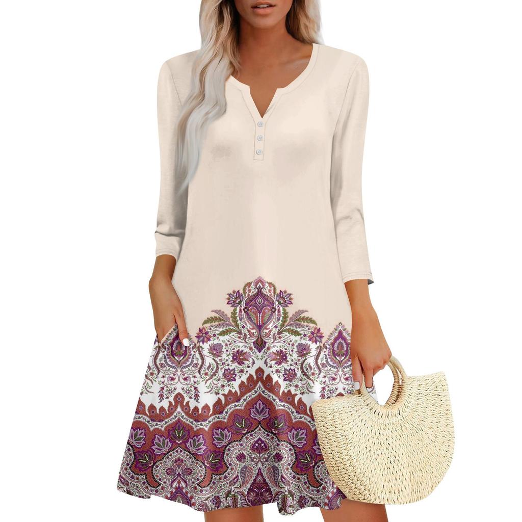 Women's Summer Dress Loose V Neck Three-quarter Sleeve Sundress With Pockets Dress