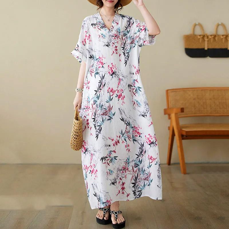 Oversized Dresses Summer Women Printing Loose Cotton Linen Long Dresses Large Hem Summer Women Long Dresses