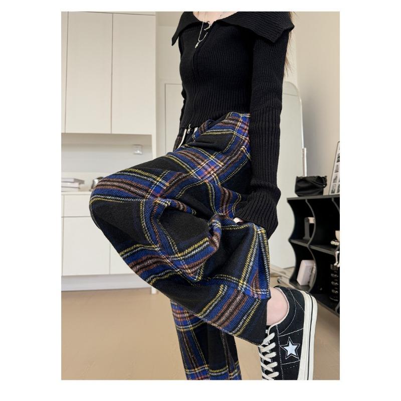 Autumn Winter Loose Casual Velvet Elastic Waist Plaid Printing Wide Leg Pants Women All-match Straight Trousers