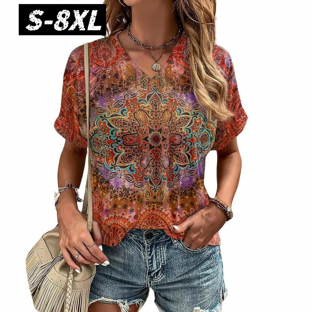 S-8XL Plus Size T-shirt for Women's Summer Short Sleeve Casual Tops Street Fashion V Neck T-Shirt Female Clothing Pullover