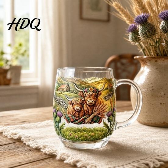 Durable Glass Drinkware 350ML Hand-painted Highland Cow Glass Cattle Coffee Mug Decorative Wine Glasses with Handle Heat-Resistant Tea Milk