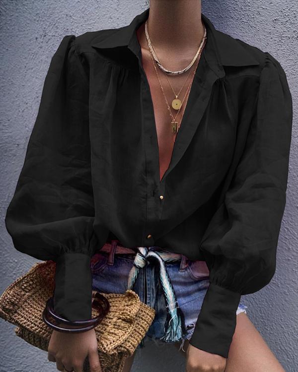 

Европейская и американская свободная однотонная рубашка с рукавами-фонариками и воротником для женщин - коллекция осень/зима XL чёрный