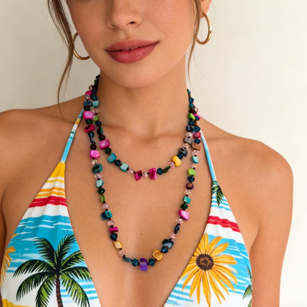 Original Summer Bohemian Color Multi-Layer Shell Glass Crystal Beads Long Sweater Chain Women'S Necklace