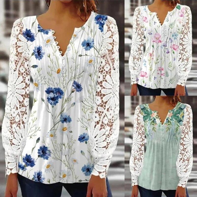 Hollow Out Long Sleeve Lace Shirts Women V Neck Elegant Print Blouse Female Fashion Casual Blusas Sexy Ladies Shirt Tops 24817