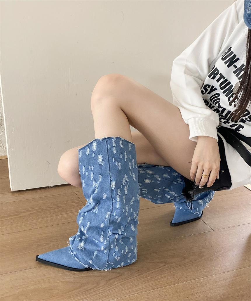 

2025 foreign trade thin heel high heel fish mouth medium boots women s boots wrap legs thin elastic boots but knee boots 39 синий