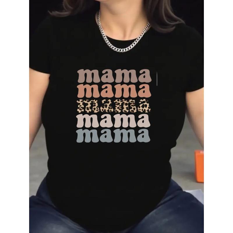 European Size Women's White Oversized "Mama" Leopard Print T-Shirt - Soft Stretch Short Sleeve Round Neck Top, Casual & Workout Shirt with Mama