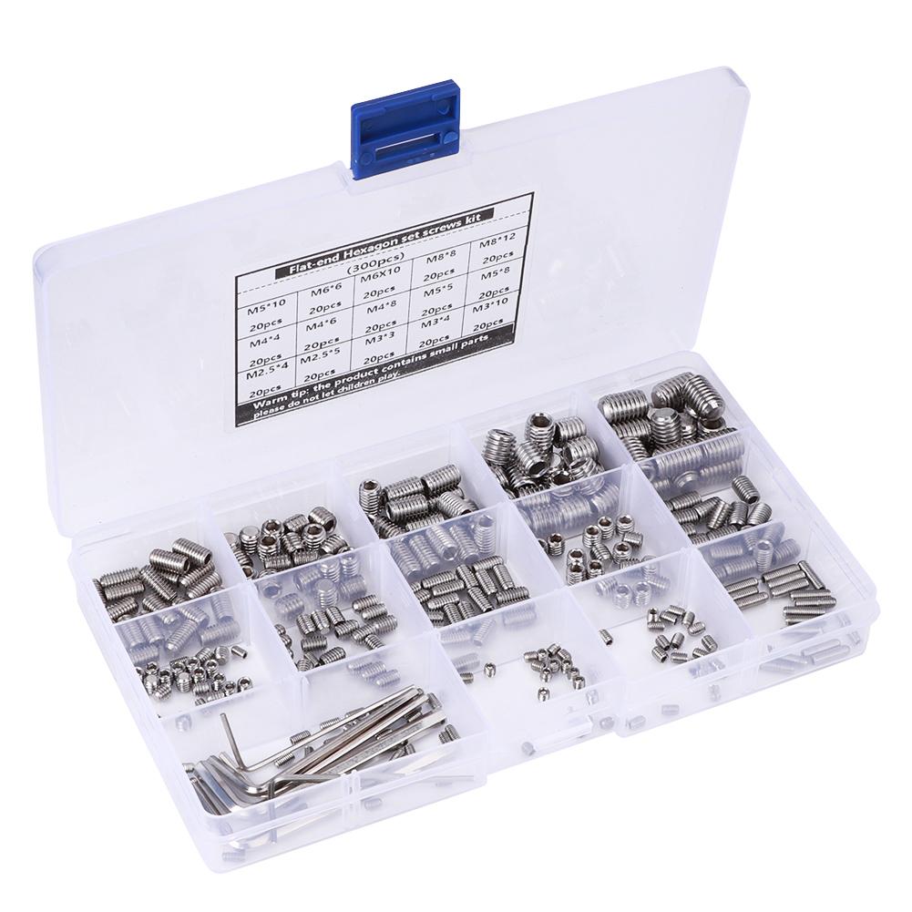 

300Pcs Hex Grub Screw Kit Combination Boxed 304 Stainless Steel with 6 Wrench Fasteners