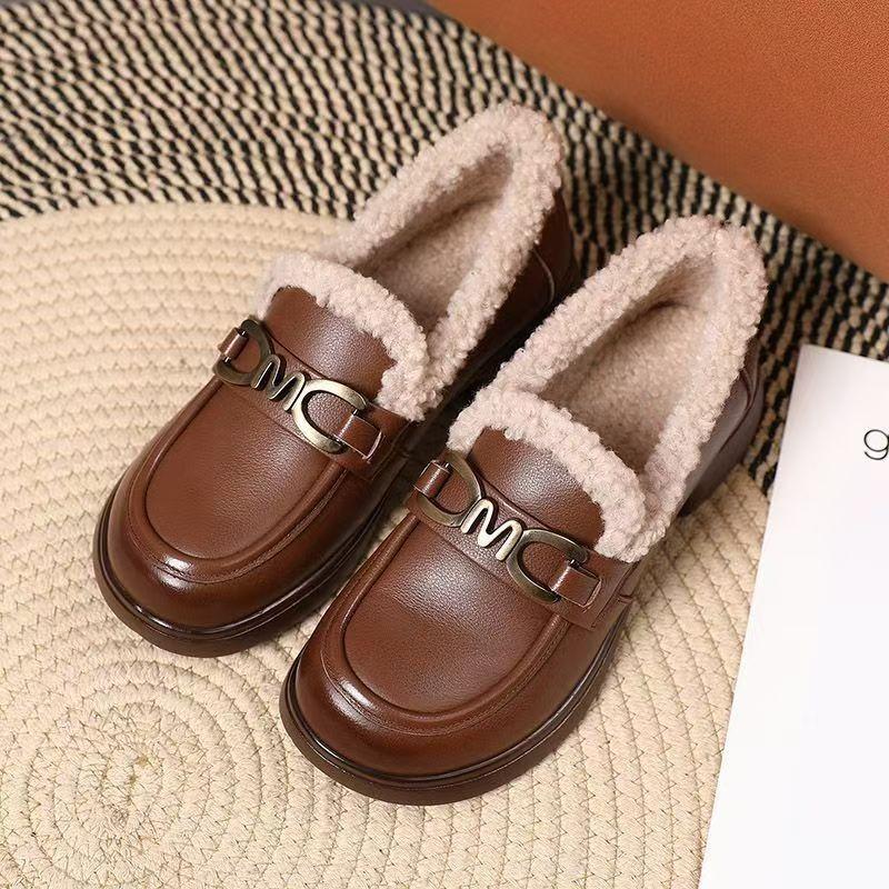 

Женские новые туфли из мягкой кожи и бархата, средней высоты, с одним ремешком, из хлопковой кожи, зимние пушистые туфли на толстой подошве 40 коричневый