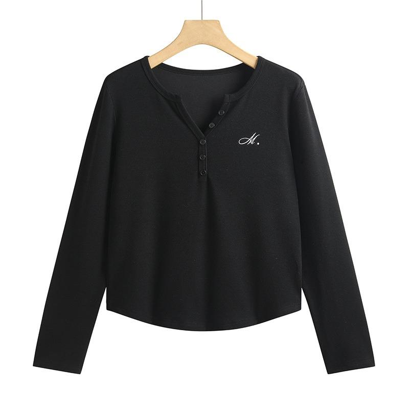 Women's 3XL Spring and Autumn Tops New Embroidered Button V-neck German Velvet All-match Fashion Long-sleeved T-shirt