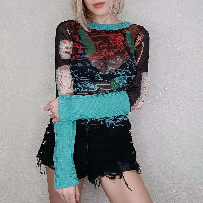 2KWEIRD Y2K Sexy Dantelă Plasă Transparent Tricouri Goth Imprimeu Grafic Mânecă Lungă Tricot Patchwork Topuri Vintage Femei Streetwear de Vară