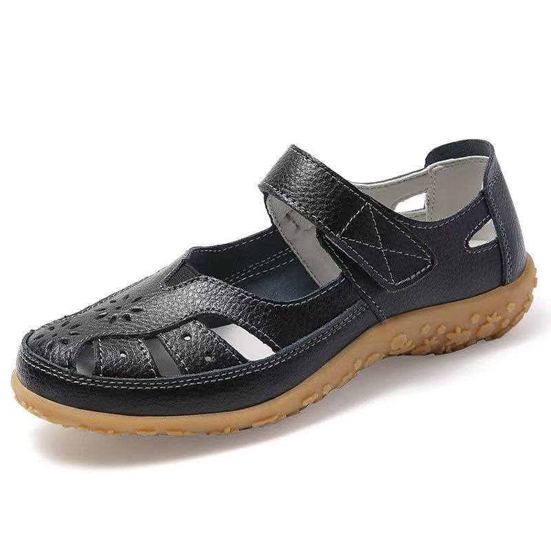 Women's Summer Baotou Hollow Out Flat Sole Sandals Soft Sole Non Slip Lightweight Breathable Cave Shoe Velcro Elderly Sandals