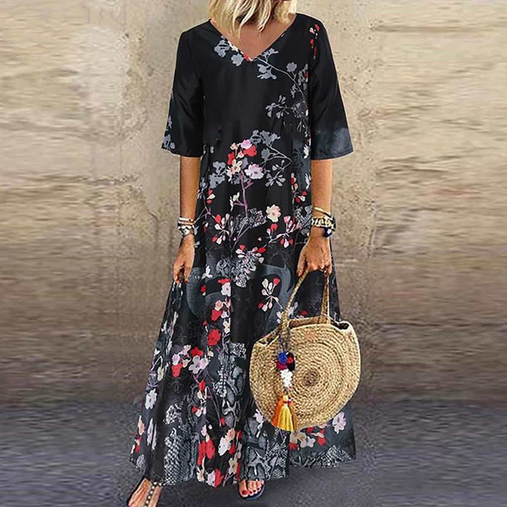 Ladies Casual Printed Long Dress V Neck Mid Waist Pullover Oversized Dress