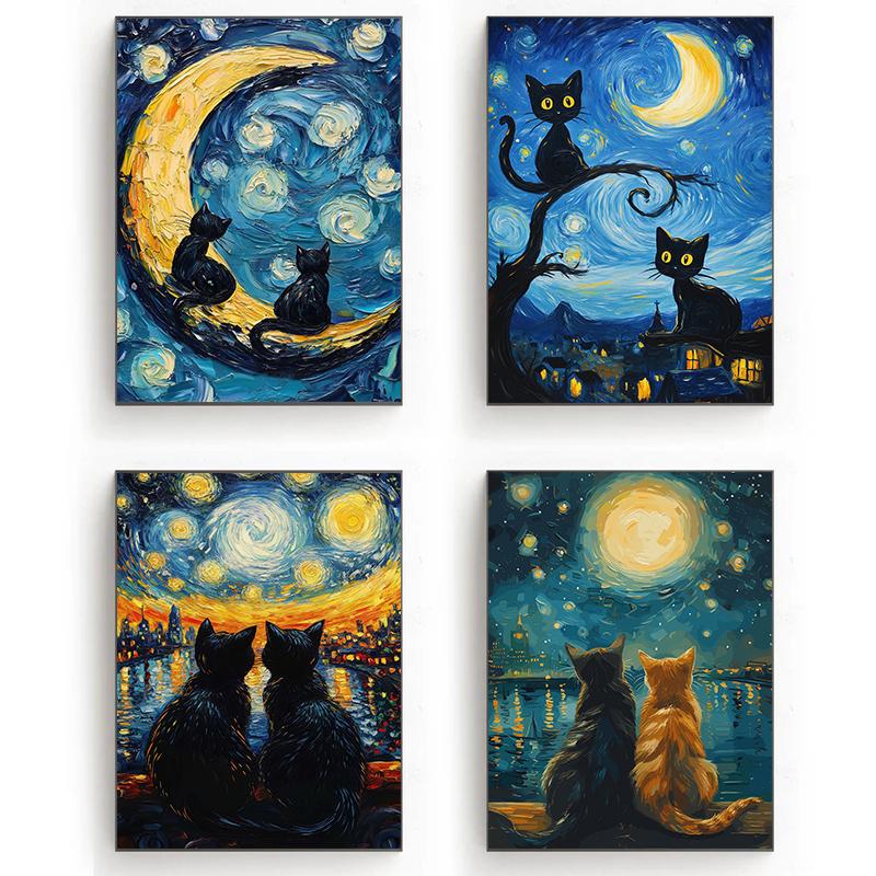 Black Cat Under The Sky Starry Night Series Theme Canvas Printing Fashion Populars Colors Mural Studio Home Decoration Art Gifts