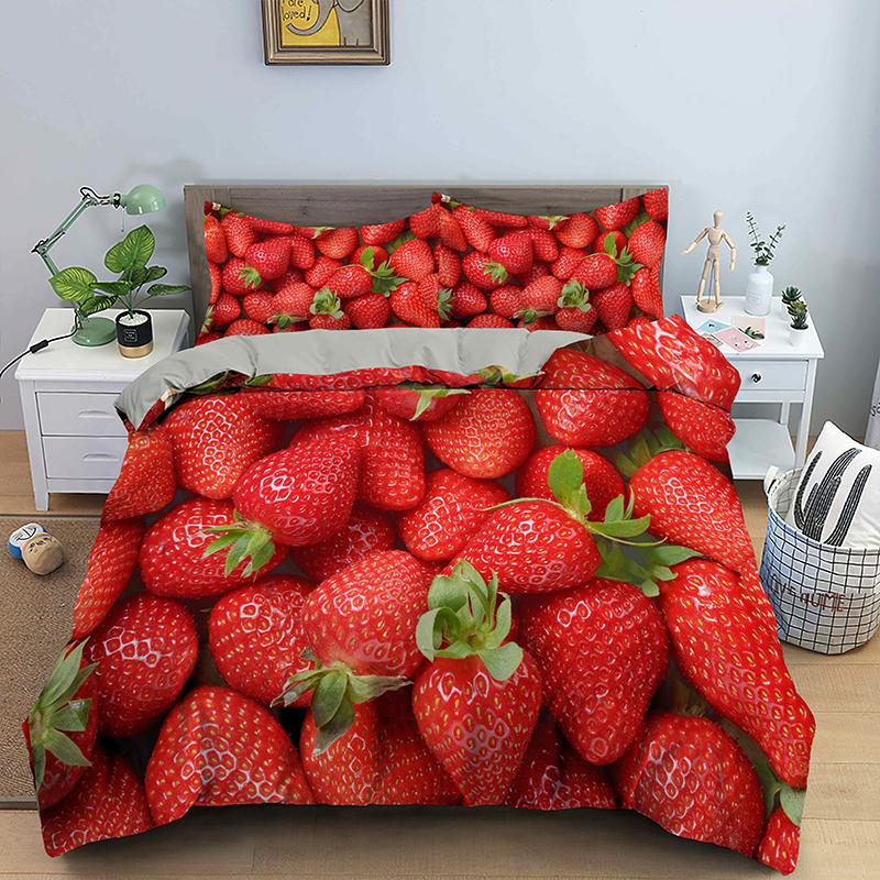 Pink Strawberry Cute Bedding Set Duvet Cover Set 3D Print Fruit Pattern Quilt Cover Pillowcase King Queen Size For Kids Boy Girl