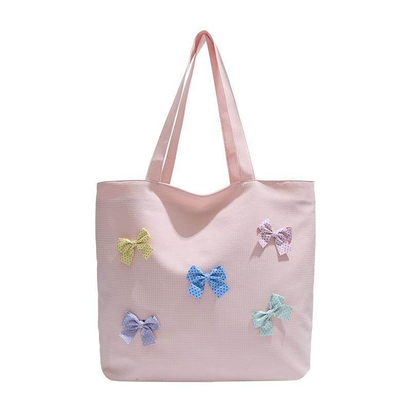 Bow Shoulder Bag Spring and Summer New Fashion Casual Canvas Bag Large Capacity Class Tote Women's Bag